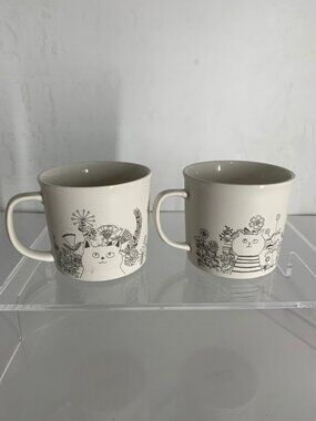 Stokes Ceramic Cat & Floral Printed Coffee Mug Set White & Black Made In China